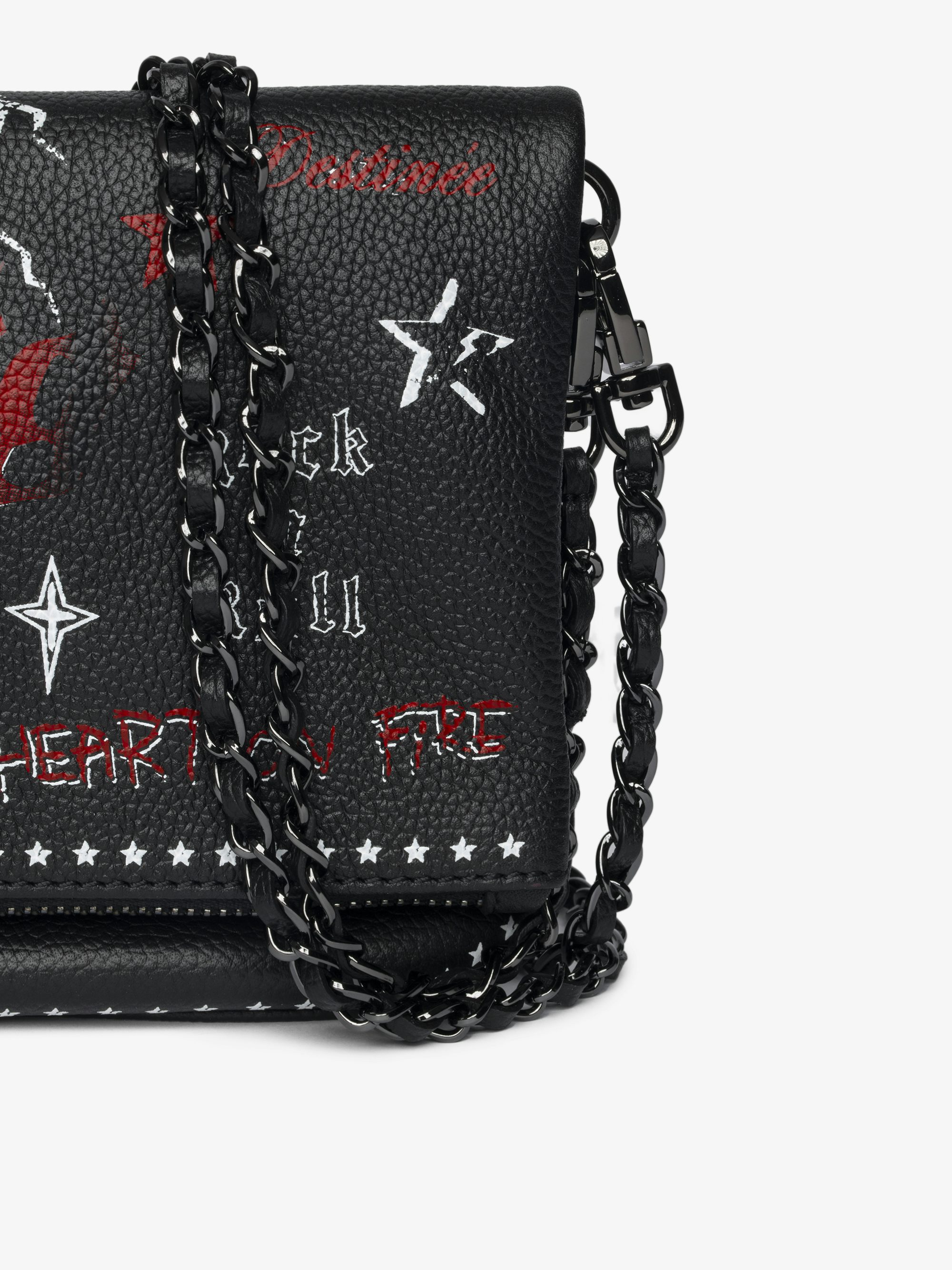 Rock Punk Clutch - Punk grained leather clutch with double leather and metal chain and rhinestone-embellished wings.